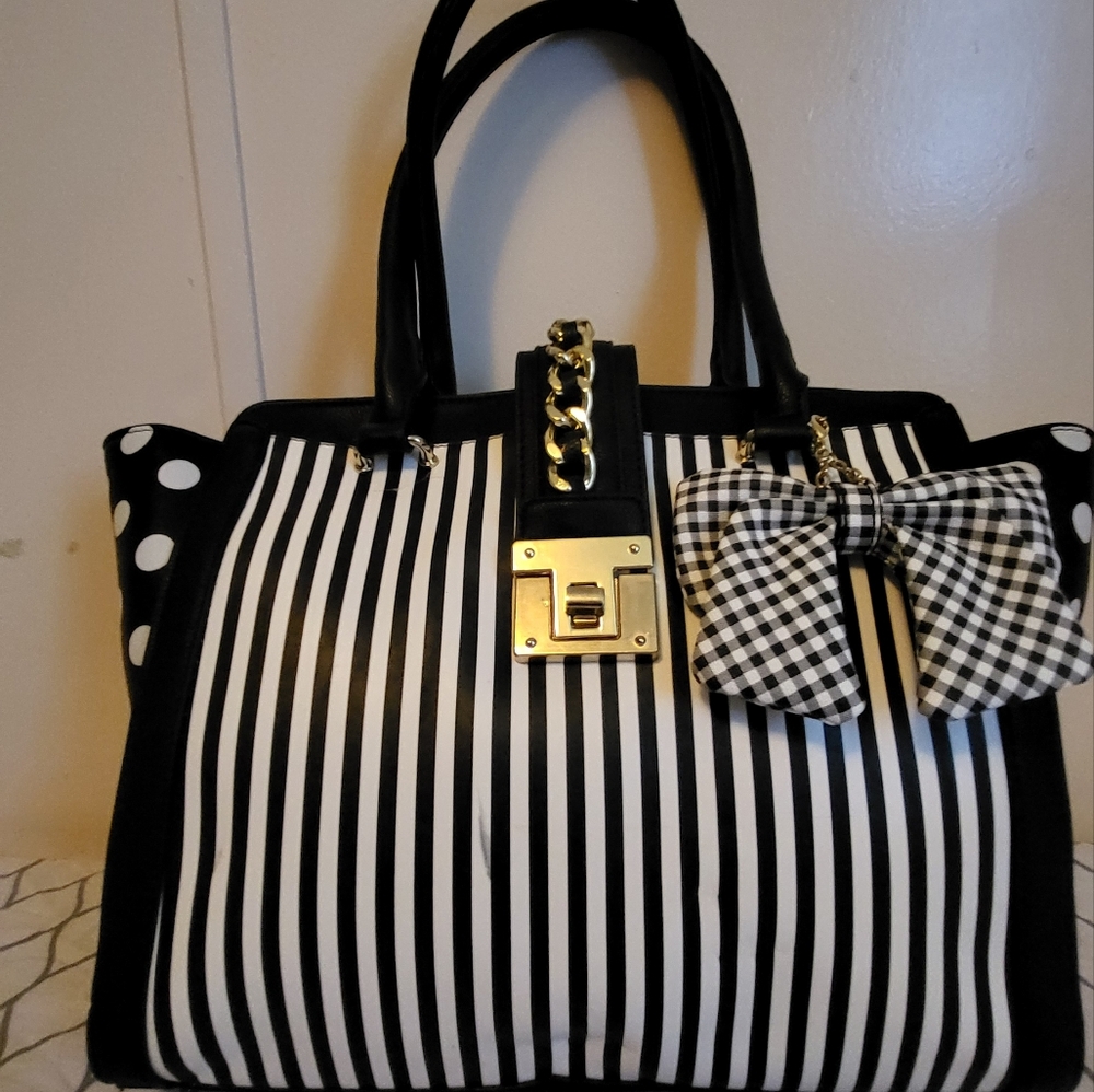 Charming Charlie Black and White Striped Tote with Checkered Bow